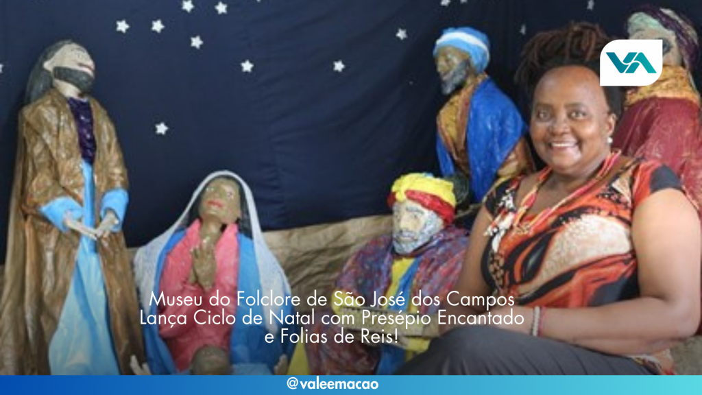 "Imagem do presépio montado no Museu do Folclore de São José dos Campos, destacando figuras artesanais criadas por Eunice Coppi, com a presença das Folias de Reis durante a abertura do Ciclo de Natal."