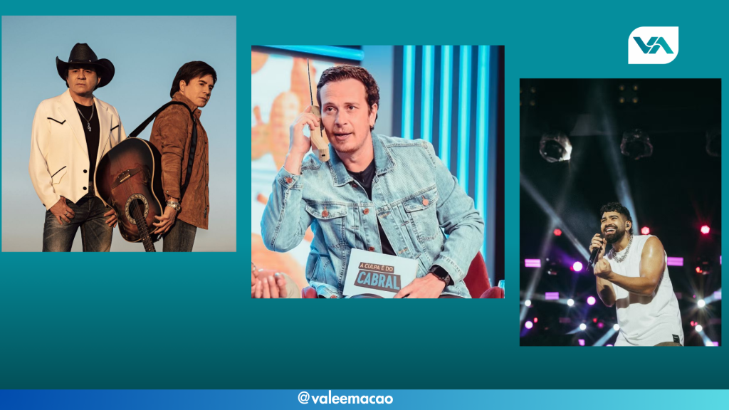 Imagem de um palco montado para os shows de Chitãozinho & Xororó e Dilsinho, com uma multidão animada na plateia. A cena captura a energia vibrante do evento, com luzes coloridas e pessoas dançando e se divertindo durante as apresentações.
