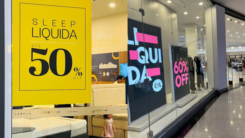 Imagem vibrante do Saldão de Natal no Taubaté Shopping, mostrando clientes felizes explorando as ofertas com descontos de até 70%. O ambiente festivo é decorado com luzes natalinas, criando uma atmosfera acolhedora e convidativa para as compras de fim de ano. Várias lojas em destaque, oferecendo produtos variados, como roupas, calçados e eletrônicos, enquanto famílias aproveitam as promoções especiais