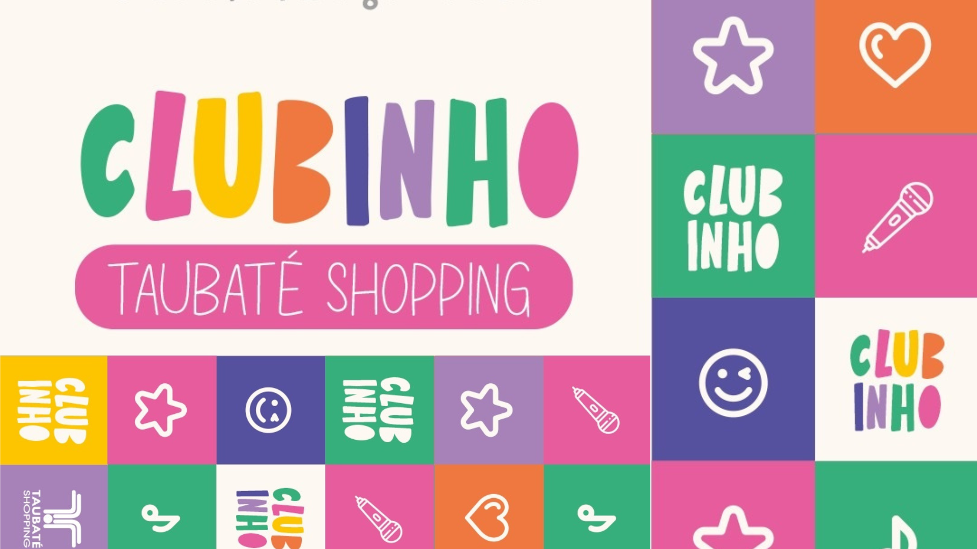 "Crianças sorridentes participando de oficina de arte no Clubinho Taubaté Shopping, com pincéis coloridos e aventais, em ambiente alegre e seguro de shopping center"