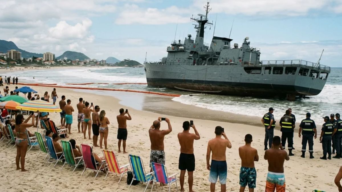 Navio Guarapari da Marinha encalha na praia da Macumba e vira atração viral no Rio 10/03