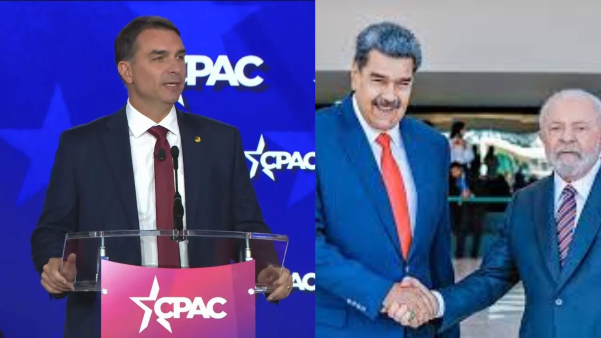 Flávio Bolsonaro exibe foto de Lula com Maduro em evento nos EUA e provoca reação política