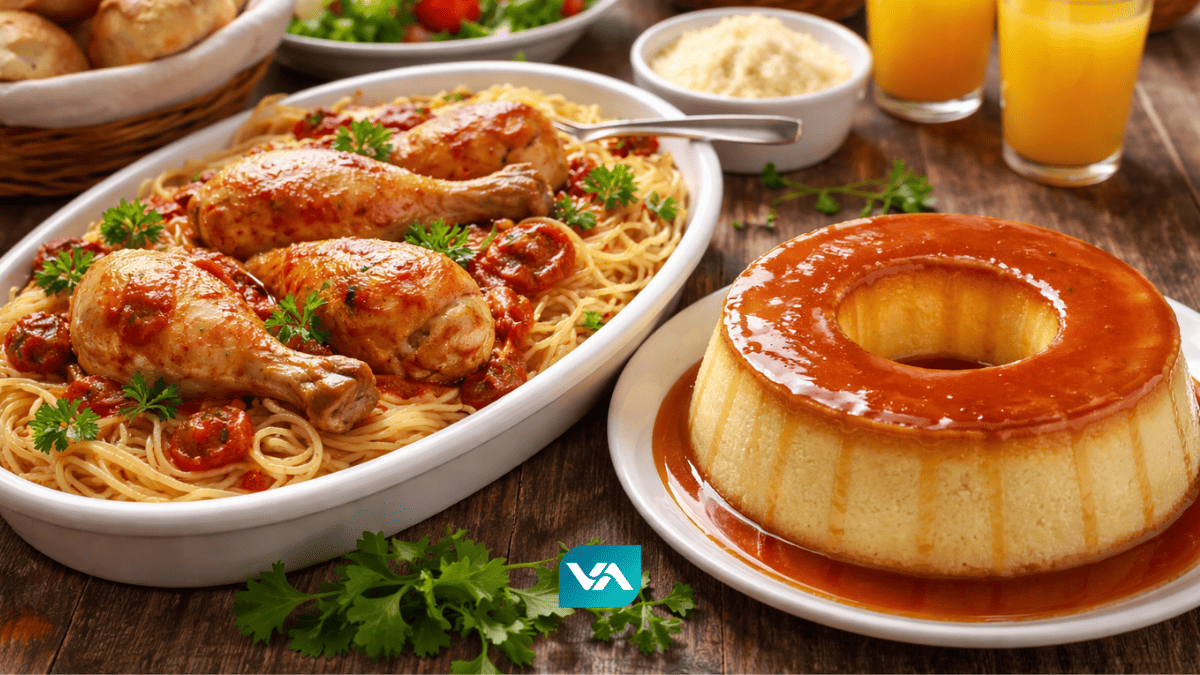 Macarrão com frango e pudim